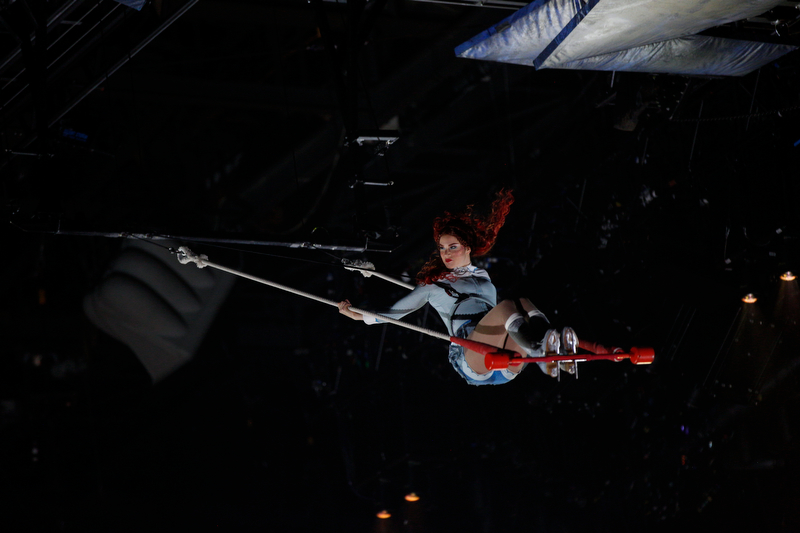 Madeline Stammen performs a trapeze act as Crystal in Cirque Du Soleil Crystal in Covelli Centre on Wednesday.