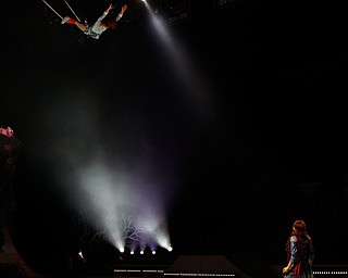 Madeline Stammen, top, performs a trapeze act as Crystal while her reflection, Mary Siegel, skates below in Cirque Du Soleil Crystal in Covelli Centre on Wednesday.