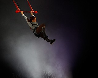 Madeline Stammen performs a trapeze act as Crystal in Cirque Du Soleil Crystal in Covelli Centre on Wednesday.