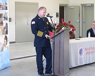 Neighbors | Zack Shively.The Boardman Fire Department welcomed the public to the new fire station 71 for an open house. The event featured speakers who helped create and finish the project. Pictured, fire chief Mark Pitzer spoke about the new station and its central location.