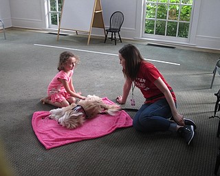 Neighbors | Jessica Harker .Taylor Whorstell is pictured petting Roxie and talking to Roxie's owner, Angela Alexandres, at the June 19 Read to Roxie event.