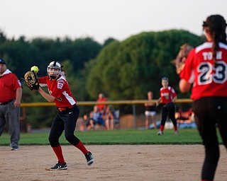 Canfield's Cara Spencer throws the ball to Malena Toth at first during the district championship game against Poland on Sunday.