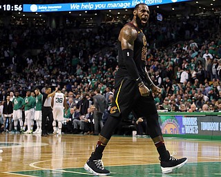 Cleveland Cavaliers forward LeBron James celebrates as his team pulls away from the Boston Celtics near the end of the second half in Game 7 of the NBA basketball Eastern Conference finals, Sunday, May 27, 2018, in Boston. (AP Photo/Elise Amendola)