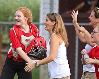 William D. Lewis The Vindicator  Canfield catcher (12 reacts 07022018 wdl poalbd canfield g..during 7-2-18 win over Poland at Fields of Dreams.