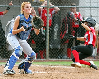 William D. Lewis The Vindicator  Canfield's (6) gets home ahead of the throw during 7-2-18 win over Poland at Fields of Dreams. Poland catcher is (17)