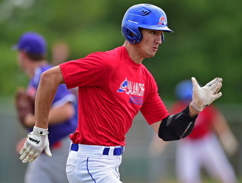 STRUTHERS, OHIO - JULY 3, 2018: Avalanche' Joe Bornes runs the bases after hitting a three-RBI triple in the second inning of a baseball game against Creekside, Tuesday, July 3, 2018 in Struthers. DAVID DERMER | THE VINDICATOR