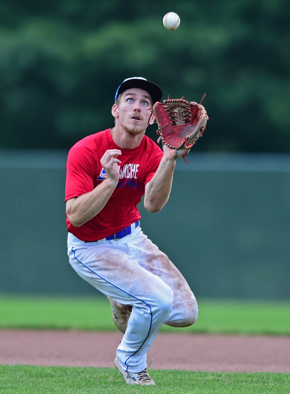 STRUTHERS, OHIO - JULY 3, 2018: Avalanche' Peter Jameson gets under the fly ball for the out in the third inning of a baseball game against Creekside, Tuesday, July 3, 2018 in Struthers. DAVID DERMER | THE VINDICATOR