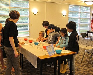 Neighbors | Jessica Harker .Children and their parents work together at the "what dissolves in water" station at the Explore Water all Around Us event on June 27.