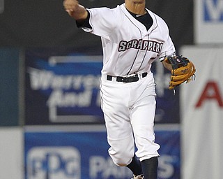 Scrappers short stop Tyler Freeman (7) throws to first base during the top of the first inning against Batavia at Eastwood Field on Thursday evening. Dustin Livesay  |  The Vindicator  7/5/18  Niles