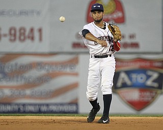 Jose Fermin (12) of the Scrappers throws to first base during the top of the second inning against Batavia at Eastwood Field on Thursday evening. Dustin Livesay  |  The Vindicator  7/5/18  Niles