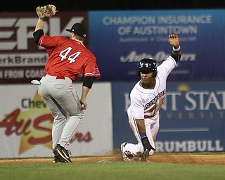 Hosea Nelson of the Scrappers (2) looks toward the umpire after being tagged out by Batavia's Gunnar Schubert (44) during the bottom of the second inning at Eastwood Field on Thursday evening. Dustin Livesay  |  The Vindicator  7/5/18  Niles