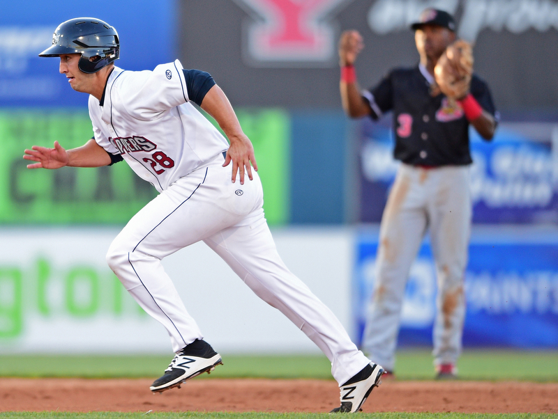 NILES, OHIO - JULY 6, 2018: Mahoning Valley Scrappers' Simeon Lucas steals second base in the second inning of a baseball game against the Batavia Muckdogs, Friday, July 6, 2018, in Niles. DAVID DERMER | THE VINDICATOR