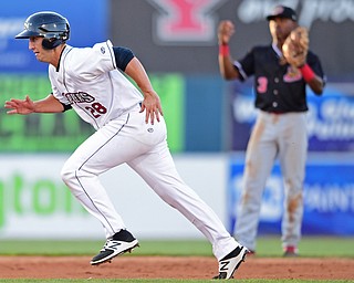 NILES, OHIO - JULY 6, 2018: Mahoning Valley Scrappers' Simeon Lucas steals second base in the second inning of a baseball game against the Batavia Muckdogs, Friday, July 6, 2018, in Niles. DAVID DERMER | THE VINDICATOR