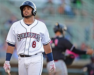 NILES, OHIO - JULY 6, 2018: Mahoning Valley Scrappers' Gianpaul Gonzalez walks to the dugout after striking out in the second inning of a baseball game against the Batavia Muckdogs, Friday, July 6, 2018, in Niles. DAVID DERMER | THE VINDICATOR