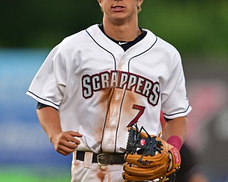 NILES, OHIO - JULY 6, 2018: Mahoning Valley Scrappers' Tyler Freeman returns to the dugout in the third inning of a baseball game against the Batavia Muckdogs, Friday, July 6, 2018, in Niles. DAVID DERMER | THE VINDICATOR