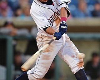 NILES, OHIO - JULY 6, 2018: Mahoning Valley Scrappers' Tyler Freeman hits a RBI single in the third inning of a baseball game against the Batavia Muckdogs, Friday, July 6, 2018, in Niles. DAVID DERMER | THE VINDICATOR