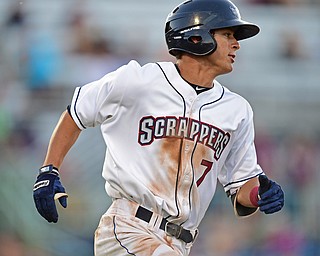 NILES, OHIO - JULY 6, 2018: Mahoning Valley Scrappers' Tyler Freeman hits a RBI single in the third inning of a baseball game against the Batavia Muckdogs, Friday, July 6, 2018, in Niles. DAVID DERMER | THE VINDICATOR