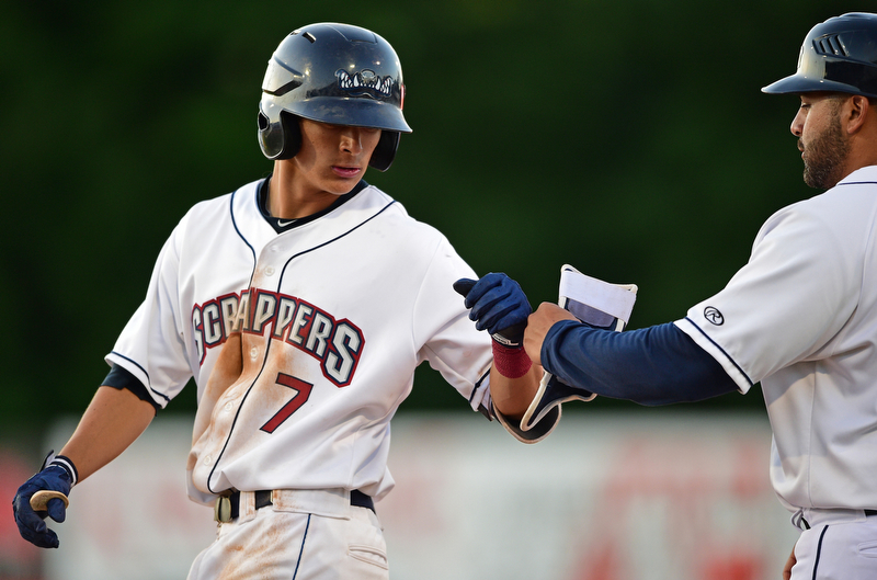 NILES, OHIO - JULY 6, 2018: Mahoning Valley Scrappers' Tyler Freeman is congratulated by Omir Santos after hitting a RBI single in the third inning of a baseball game against the Batavia Muckdogs, Friday, July 6, 2018, in Niles. DAVID DERMER | THE VINDICATOR