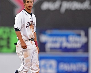 NILES, OHIO - JULY 6, 2018: Mahoning Valley Scrappers' Tyler Freeman stands on the infield in the third inning of a baseball game against the Batavia Muckdogs, Friday, July 6, 2018, in Niles. DAVID DERMER | THE VINDICATOR