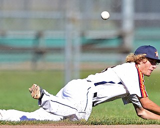 STRUTHERS, OHIO - JULY 7, 2018: Astro's Vince Armani misplays the baseball allowing KnightLine's Kevin Pollock to reach first base in the first inning of a baseball game against Baird Brothers, Saturday, July 7, 2018, in Struthers. DAVID DERMER | THE VINDICATOR
