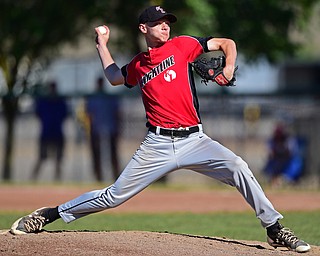 STRUTHERS, OHIO - JULY 7, 2018: KnightLine starting pitcher Tommy Pitch delivers in the first inning of a baseball game against Astro, Saturday, July 7, 2018, in Struthers. DAVID DERMER | THE VINDICATOR