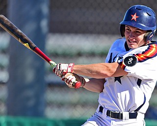 STRUTHERS, OHIO - JULY 7, 2018: Astro's Marco Defalco hits a RBI-single in the third inning of a baseball game against KnightLine, Saturday, July 7, 2018, in Struthers. DAVID DERMER | THE VINDICATOR