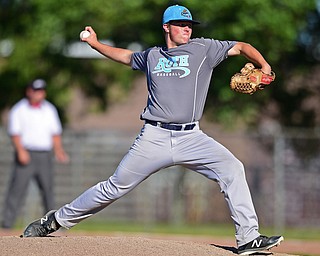STRUTHERS, OHIO - JULY 7, 2018: Roth Brothers starting pitcher Marshall Wheeler delivers in the fourth inning of a baseball game against Baird Brothers, Saturday, July 7, 2018, in Struthers. DAVID DERMER | THE VINDICATOR