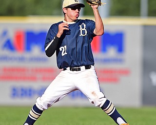 STRUTHERS, OHIO - JULY 7, 2018: Baird Brothers' Jacob McCaskey steps on second base to start a double play in the fifth inning of a baseball game against Roth Brothers, Saturday, July 7, 2018, in Struthers. DAVID DERMER | THE VINDICATOR
