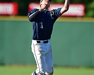 STRUTHERS, OHIO - JULY 7, 2018: Baird Brothers' Jacob McCaskey catches a fly ball for the out in the seventh inning of a baseball game against Roth Brothers, Saturday, July 7, 2018, in Struthers. DAVID DERMER | THE VINDICATOR
