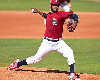 NILES, OHIO - JULY 8, 2018: Mahoning Valley Scrappers starting pitcher Luis Oviedo delivers in the fourth inning of a baseball game against the Williamsport Crosscutters, Sunday, July 8, 2018, in Niles. The Crosscutters won 8-4. DAVID DERMER | THE VINDICATOR