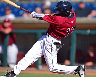 NILES, OHIO - JULY 8, 2018: Mahoning Valley Scrappers' Richard Palacios hits a RBI triple in the sixth inning of a baseball game against the Williamsport Crosscutters, Sunday, July 8, 2018, in Niles. The Crosscutters won 8-4. DAVID DERMER | THE VINDICATOR