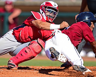 NILES, OHIO - JULY 8, 2018: Mahoning Valley Scrappers' Richard Palacios is tagged out by Williamsport Crosscutters' Rafael Marchan in the sixth inning of a baseball game, Sunday, July 8, 2018, in Niles. The Crosscutters won 8-4. DAVID DERMER | THE VINDICATOR