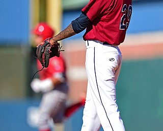 NILES, OHIO - JULY 8, 2018: Mahoning Valley Scrappers relief pitcher Luis Valdez waits for Williamsport Crosscutters' Ben Aklinski to run the bases after hitting a three run home run in the seventh inning of a baseball game, Sunday, July 8, 2018, in Niles. The Crosscutters won 8-4. DAVID DERMER | THE VINDICATOR