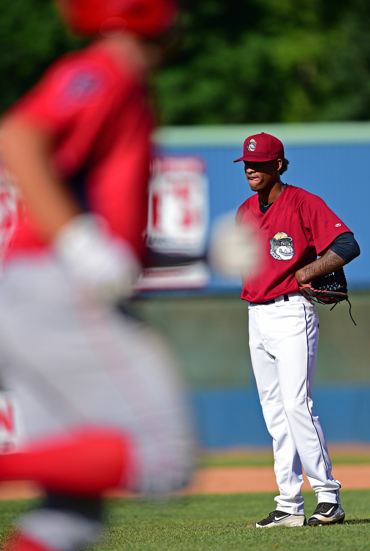 NILES, OHIO - JULY 8, 2018: Mahoning Valley Scrappers relief pitcher Luis Valdez waits for Williamsport Crosscutters' Ben Aklinski to run the bases after hitting a three run home run in the seventh inning of a baseball game, Sunday, July 8, 2018, in Niles. The Crosscutters won 8-4. DAVID DERMER | THE VINDICATOR