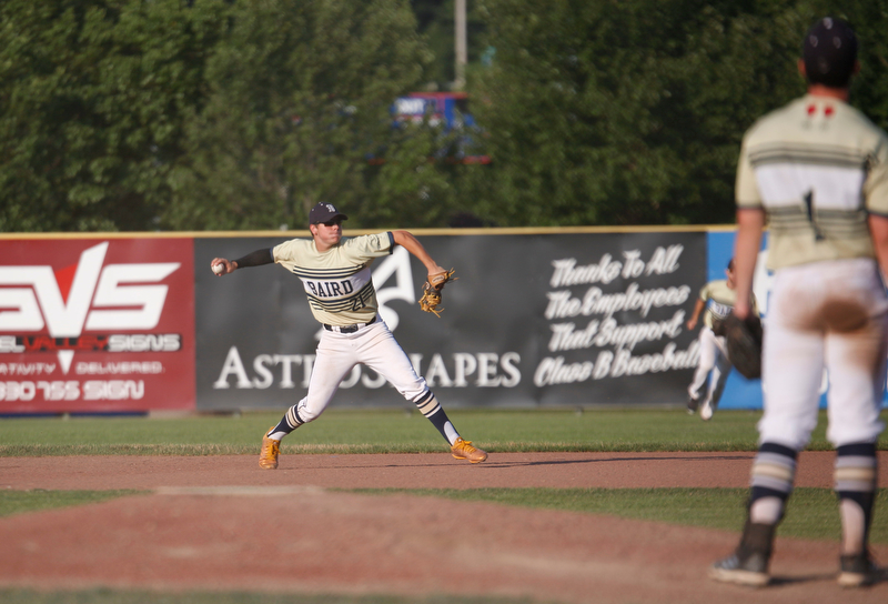 Baird Brothers' Jacob McCaskey throws the ball to first during the fourth inning of the Class B tournament game against Knightline on Tuesday.