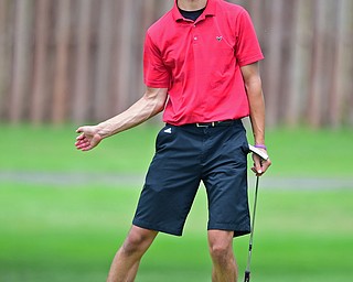 SALEM, OHIO - JULY 10, 2018: Dante Flak of Canfield reacts after missing a putt on the 9th hole during the Vindy Greatest Golfer Qualifier, Tuesday afternoon at Salem Hills Golf Course. DAVID DERMER | THE VINDICATOR