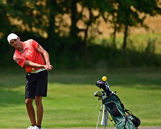 SALEM, OHIO - JULY 10, 2018: Jimmy Graham follows his approach shot on the 16th hole during the Vindy Greatest Golfer Qualifier, Tuesday afternoon at Salem Hills Golf Course. DAVID DERMER | THE VINDICATOR