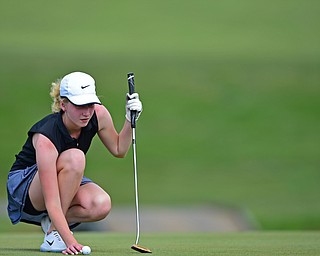 SALEM, OHIO - JULY 10, 2018: Kristen Shaw from Poland line up her putt on the 10th hole during the Vindy Greatest Golfer Qualifier, Tuesday afternoon at Salem Hills Golf Course. DAVID DERMER | THE VINDICATOR