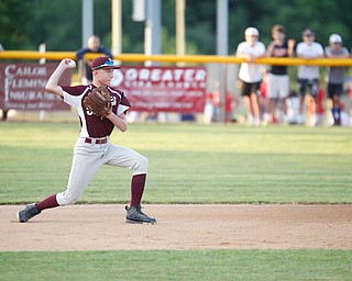 Boardman's Jack Ericson throws the ball to first during the first inning of the 12u district championship game against Poland at Field of Dreams in Boardman on Thursday.