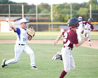 Poland's Matt Paparoois throws the ball to first to get Boardman's Matt Kay out during the 12u district championship game at Field of Dreams in Boardman on Thursday.