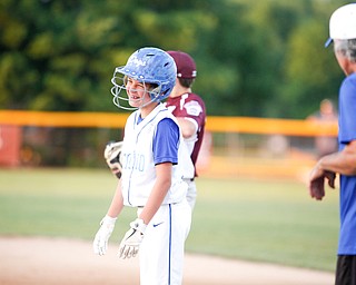 Poland's Danny Nitolli smiles after getting on first during the second inning of the 12u district championship game against Boardman at Field of Dreams in Boardman on Thursday.