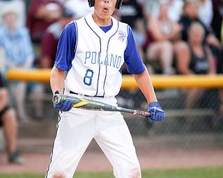 Poland's TJ Richey reacts after getting a third strike called against him during the third inning of the 12u district championship game against Boardman at Field of Dreams in Boardman on Thursday.