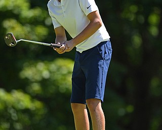 HERMITAGE, PENNSYLVANIA - JULY 12, 2018: Anthony Clark from Bristolville reacts after his putt shot from the rough on the 11th hole, Thursday afternoon during the Vindy Greatest Golfer tournament at Tam O'Shanter in Hermitage. DAVID DERMER | THE VINDICATOR
