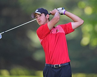 HERMITAGE, PENNSYLVANIA - JULY 12, 2018: Dante Flack of Canfield follows his tee shot on the ninth hole, Thursday afternoon during the Vindy Greatest Golfer tournament at Tam O'Shanter in Hermitage. DAVID DERMER | THE VINDICATOR