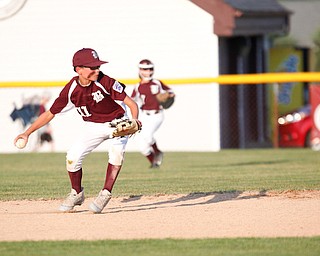 Boardman's Ryan Smith throws the ball to first during the 10u championship game against Poland at Field of Dreams on Friday.