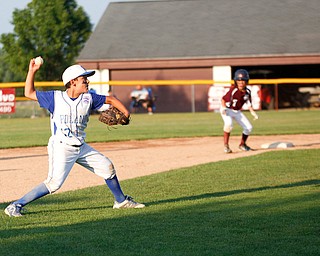 Poland's Joey Zucarro throws the ball to first while Boardman's Nate Adams waits to run to third during the 10u championship game at Field of Dreams on Friday.