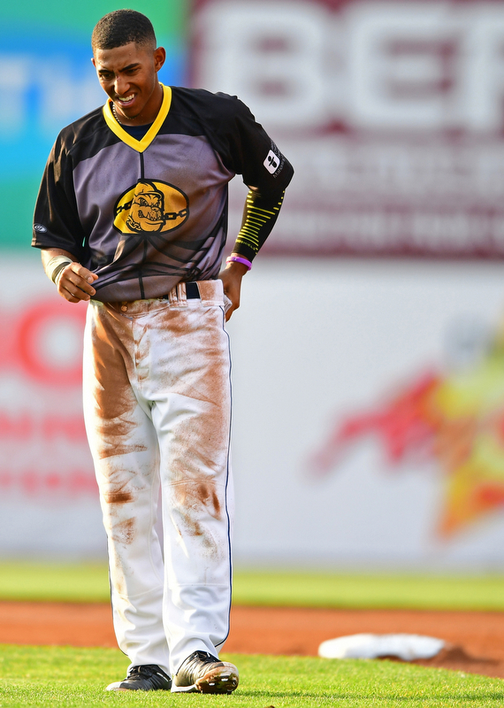 NILES, OHIO - JULY 14, 2018: Mahoning Valley Scrappers' Richard Palacios stands near second base after being tagged out attempting to steal in the first inning of a baseball game, Saturday, July 14, 2018, in Niles. Renegades won 1-0. DAVID DERMER | THE VINDICATOR