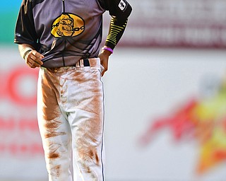 NILES, OHIO - JULY 14, 2018: Mahoning Valley Scrappers' Richard Palacios stands near second base after being tagged out attempting to steal in the first inning of a baseball game, Saturday, July 14, 2018, in Niles. Renegades won 1-0. DAVID DERMER | THE VINDICATOR