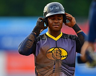 NILES, OHIO - JULY 14, 2018: Mahoning Valley Scrappers' Hosea Nelson reacts after being forced out at first base after Clark Scolamiero hit into a double play in the second inning of a baseball game against the Hudson Valley Renegades, Saturday, July 14, 2018, in Niles. Renegades won 1-0. DAVID DERMER | THE VINDICATOR