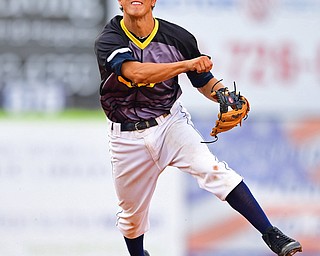 NILES, OHIO - JULY 14, 2018: Mahoning Valley Scrappers' Tyler Freeman throws to first to get out Hudson Valley Renegades' Jake Stone in the third inning of a baseball game, Saturday, July 14, 2018, in Niles. Renegades won 1-0. DAVID DERMER | THE VINDICATOR